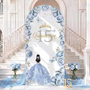lot 20310 image: Fanfanwin Quinceanera Arch Backdrop Cover, Blue Crown Design, 47.2 x 86.6 in