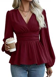 lot 20314 image: Astylish Womens V Neck Cinched Waist Peplum Top Burgundy Medium