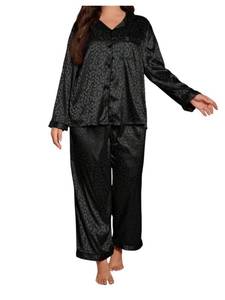 lot 20319 image: SHENHE Womens Plus Size Leopard Satin Pajama Set Long Sleeve Black XX-Large