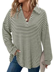 lot 20324 image: Bette Boutik Womens Long Sleeve Waffle Knit Top Green Stripes Size M