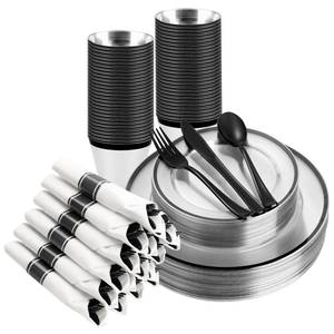lot 1675 image: BESTSTAR Clear and Black Disposable Plastic Plate Set 175 Pcs For 25 Guests