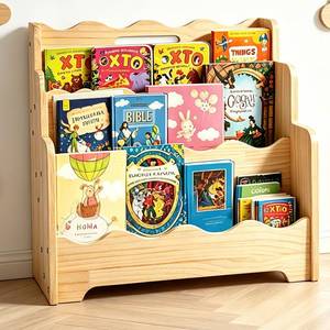 lot 1690 image: LINMAGCO Scalloped Kids Montessori Bookshelf 3-Tier Solid Pine Wood