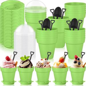 lot 1696 image: Honeydak 25 Pack Flowerpot Dessert Cups with Lids and Spoons Green