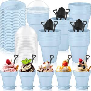 lot 1744 image: Honeydak 25 Pack Flowerpot Dessert Cups with Lids and Spoons 6.76 oz Blue