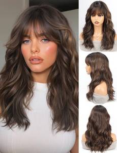 lot 2453 image: Luwila 20 Inch Synthetic Wavy Mid-Long Wig with Bangs Brown Highlights