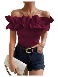 lot 2486 image: OYOANGLE Womens Ruffle Trim Off Shoulder Short Sleeve Blouse