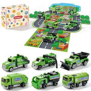 lot 2495 image: Solalalam Diecast Mini Trash Truck Toy Set, 6 Pieces with City Play Map