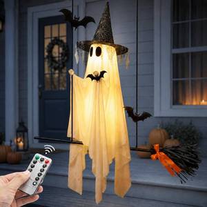 lot 5760 image: Nsoyos Halloween Hanging Ghost Decor, 60 Inch, Witch Hat & Broom, LED