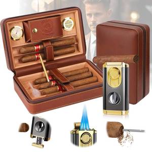 lot 5767 image: Moniup Travel Cigar Humidor Cedar Lined Holds 6 Cigars with Lighter & V Cutter