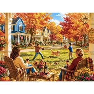 lot 5967 image: FaPtoo 500 Piece Jigsaw Puzzle, Suburban Autumn Front Porch Family