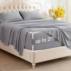 lot 5983 image: Bedsure Deep Pocket Queen Sheet Set Fits 21 Inch Mattress Light Grey
