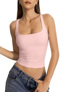 lot 6243 image: QINSEN Womens Square Neck Tank Top with Built-In Bra Pink Large
