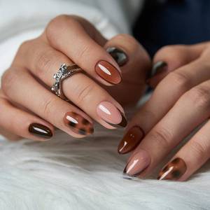 lot 6248 image: CurvLife Medium Almond French Tip Press On Nails Tortoise Brown Soft Gel