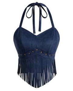 lot 6281 image: UpFind Womens Navy Blue Fringe Halter Top Faux Suede Western Medium