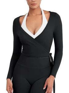 lot 8010 image: YEOREO Womens Pilates Wrap Top Long Sleeve Black M