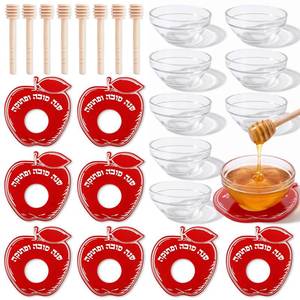 lot 8022 image: Benwanfee Apple Honey Dish Set of 8 with Wooden Dipping Sticks & Base Plates