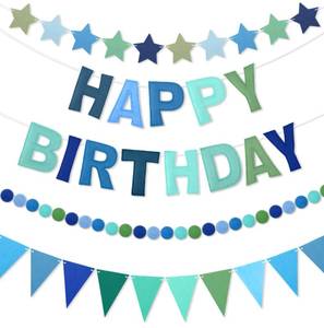 lot 8080 image: Amandir Pre-Strung Felt Happy Birthday Banner Decorations Set, Blue, 4 Pieces