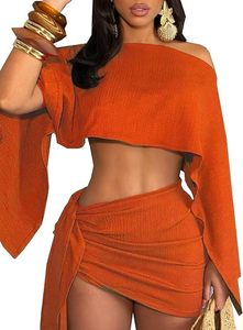 lot 8132 image: JYAOVO Womens 2 Piece Batwing Crop Top and Mini Skirt Set Orange Size L