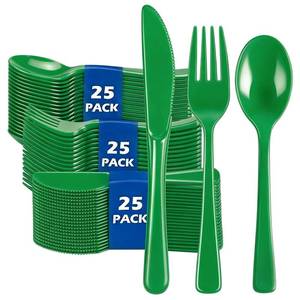 lot 8454 image: Disposable Plastic Silverware Set 75 Piece Dark Green