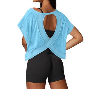 lot 13167 image: UNIANKIYA Womens Open Back Crop Workout Tee Short Sleeve Mint Blue Medium