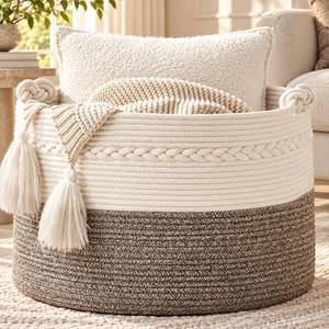 lot 13211 image: KAKAMAY Large Blanket Basket Woven 100% Cotton Rope White Beige