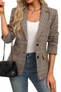 lot 13253 image: ELLEVEN Womens Business Casual Plaid Blazer Work Jacket Brown Plaid X-Large