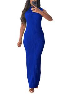 lot 14318 image: YeGine Women Sleeveless High Neck Ribbed Bodycon Maxi Dress Royal Blue L