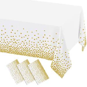 lot 14400 image: Misaya 3 Pack Disposable Plastic Tablecloth 54 x 108 Inch Gold Dots White