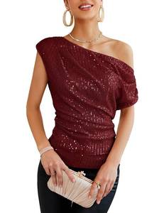 lot 14411 image: Grace Karin Womens One Shoulder Sequin Ruched Top Asymmetrical Wine Red