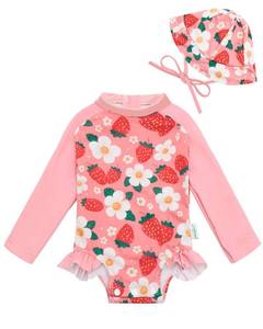 lot 14419 image: Babygoal Infant Girl One-Piece Long Sleeve Rash Guard Swimsuit with Hat 6-12M