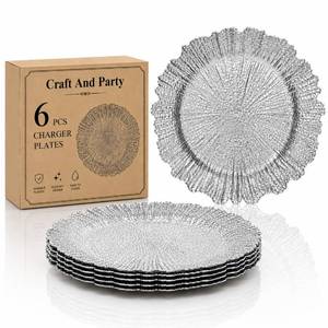 lot 19139 image: Evershine 13 Inch Silver Round Plastic Charger Plate Set of 6 Floral Reef