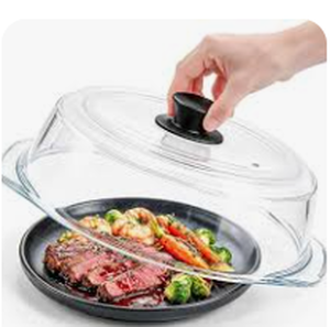 lot 1760 image: Glass Microwave Plate Cover with Black Knob Handle - Stock image may not match actual product images