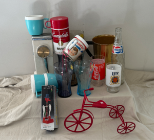 lot 12 image: Lot of Coke Glasses, Magic Hostess Ice Crusher, Campbells Mugs, Pepsi Bottle and more