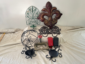lot 15 image: Lot of Decorative Metal Wall Items Including Fleur-de-lis, Candle Holder sconces and primitive soap dish