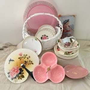 lot 17 image: Assorted Pink Floral Dishware Lot with White Basket, Plates, Bowls, Small watering can marked Thames of Japan and more