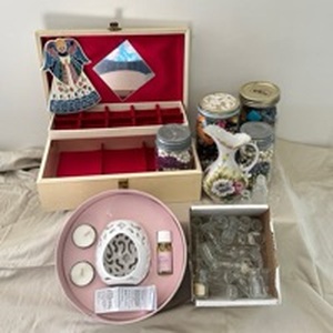 lot 18 image: Lot of MCM Jewelry Box, Junk Jewelry Jars, Small Glass Bottles and more