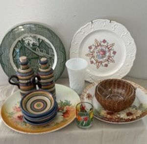 lot 20 image: Assorted Decorative Plates, Striped Ceramic Bottles and Bowls and more