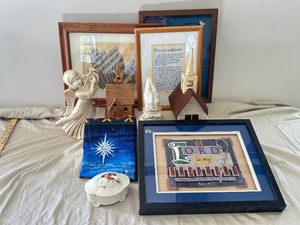 lot 21 image: Religious Decor Lot Framed Prints, Angel Figurine, Musical Churches, Praying Hands light and more