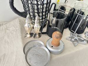 lot 22 image: 1970s Corningware snap cups, a woven pitcher, Rosette Irons and more