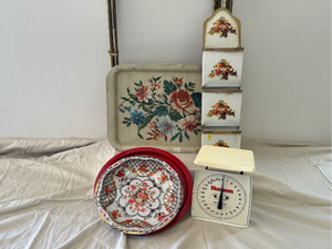 lot 28 image: Vintage TV trays, kitchen scale, and mail sorter
