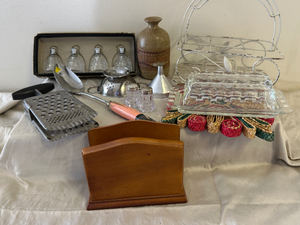 lot 33 image: Vintage kitchen utensils, glass butter dish, and more