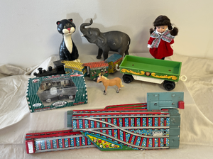 lot 37 image: Vintage train parts, toys and Sky Chief 1940 Ford Coupe in box