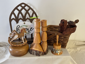 lot 39 image: Wooden handmade candlesticks, musical Bell, rocking horse and more