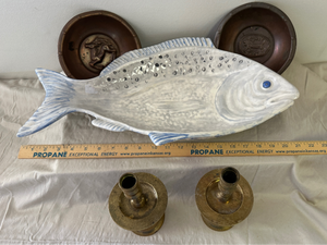 lot 62 image: Hakishut copper bowls, brass candlesticks and large fish serving dish
