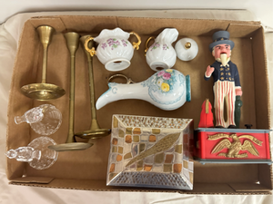 lot 88 image: Brass, copper, Enesco porcelain collectibles, Uncle Sam bank