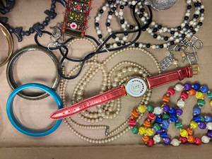 lot 89 image: Jewelry Lot 1 Flat- bracelets, necklaces, silver spoon pendant
