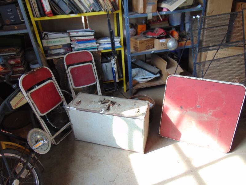 lot 3168 image: Metal Locker Box - Child fold up table and Chairs - CDs and more