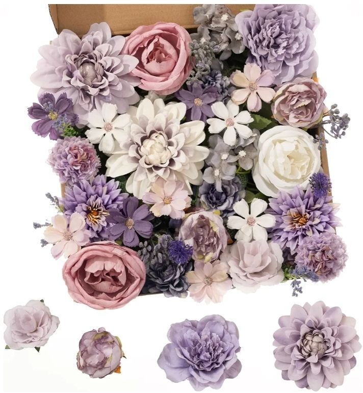 lot 29542 image: Artificial Flowers Combo Purple Flowers Mix Silk Flowers Dahlia Roses with Stems for DIY Wedding Bridal Bouquets, Baby Shower, Floral Arrangement, Table Centerpieces, Home Decorations - Retail $16