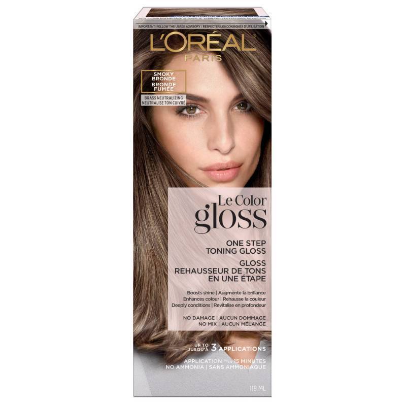 lot 18761 image: LOreal Paris Le Color Gloss One Step In-Shower Toning Hair Gloss, Neutralizes Brass, Conditions & Boosts Shine, Smoky Bronde, 4 Ounce - Retail $13