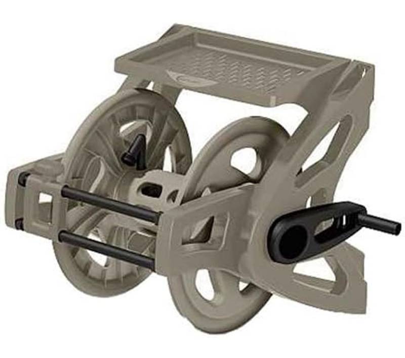 lot 47596 image: Suncast Slide Trak Garden Hose Reel, Wall-Mount Holder with Storage Tray, Dark Taupe - Outdoor Mounted Organizer  - Retail $90